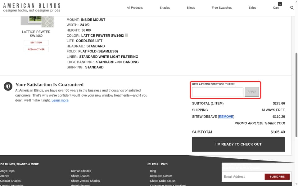 American Blinds checkout page showing the Have a Promo Code? Use it here! field and Apply button