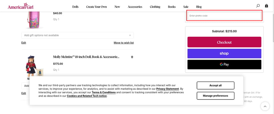 American Girl checkout page showing the Promo code field and Apply button
