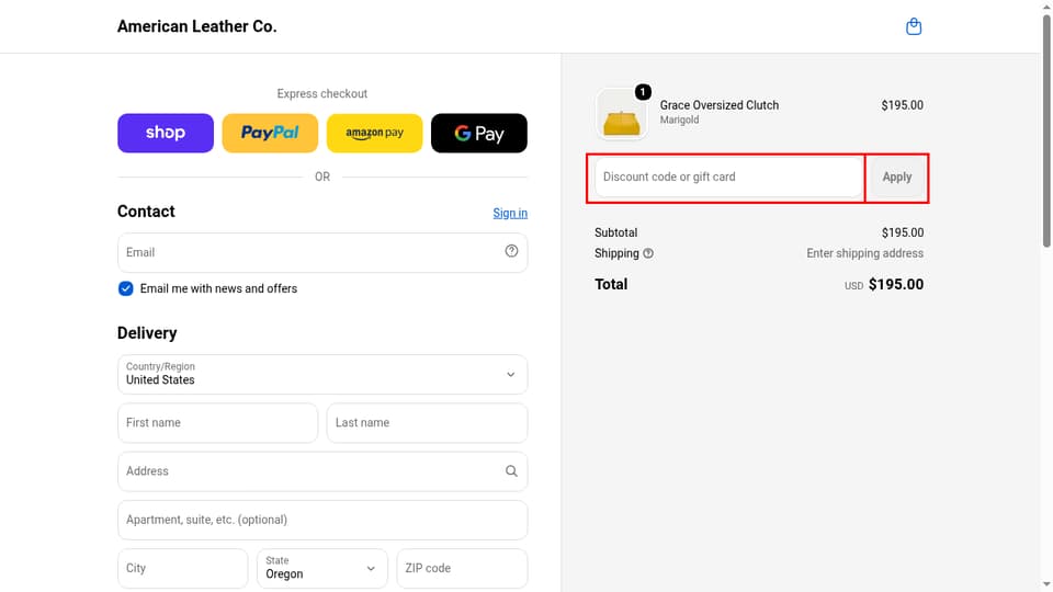 American Leather Co. checkout page showing the Discount code or gift card field and Apply button