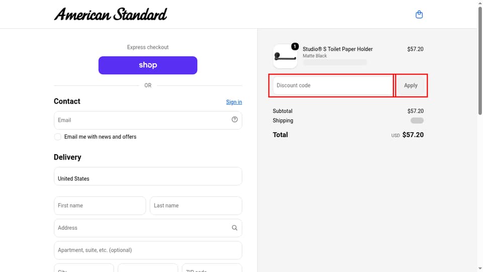 American Standard checkout page showing the Discount code field and Apply button