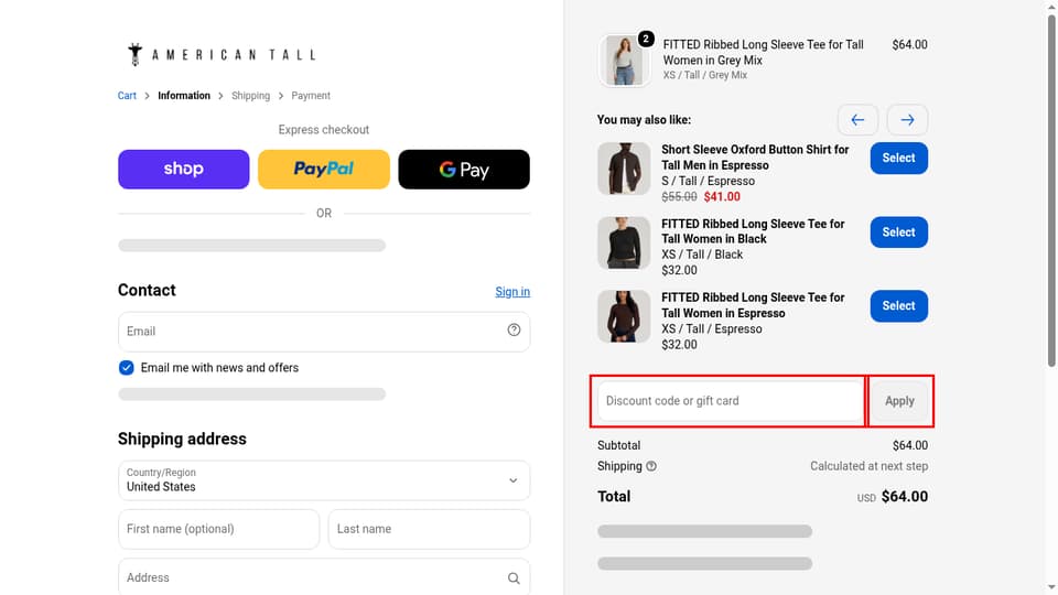 American Tall checkout page showing the Discount code or gift card field and Apply button