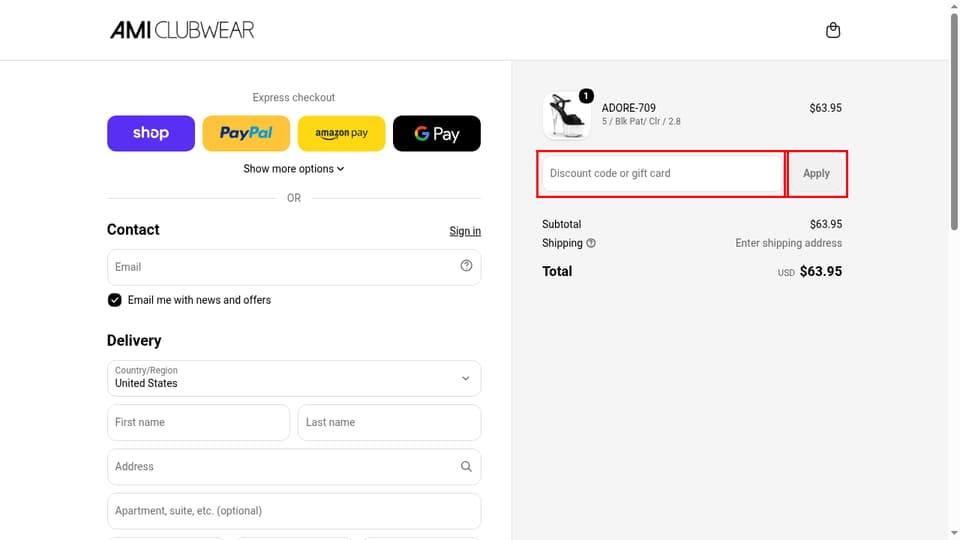 AMIClubwear checkout page showing the Discount code or gift card field and Apply button