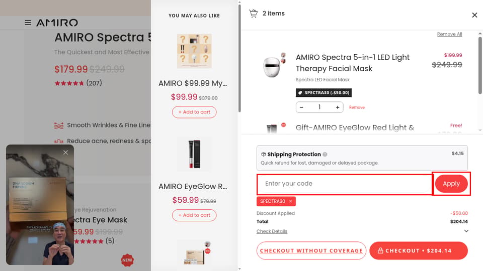 AMIRO checkout page showing the Enter your code field and Apply button
