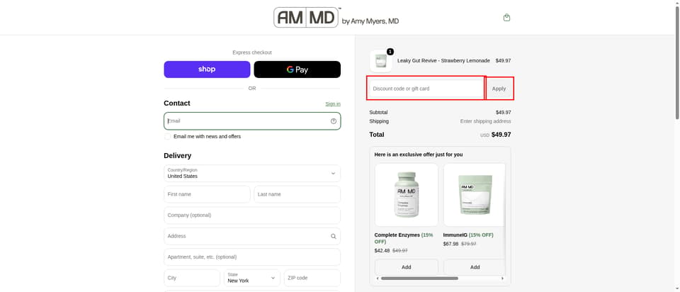 Amy Myers MD checkout page showing the Discount code or gift card field and Apply button