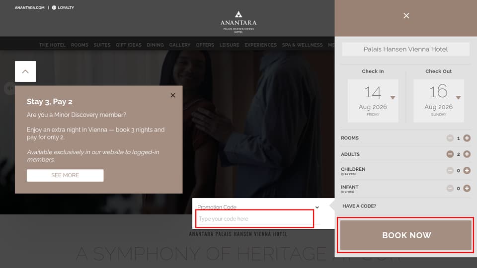 Anantara Hotels & Resorts checkout page showing the Type your code here. field and Book Now button