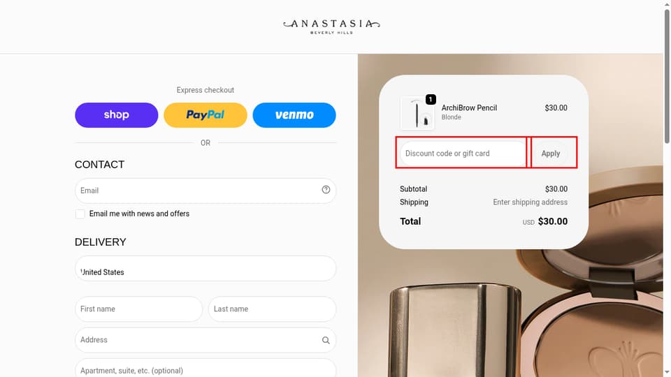 Anastasia Beverly Hills checkout page showing the Discount code or gift card field and Apply button