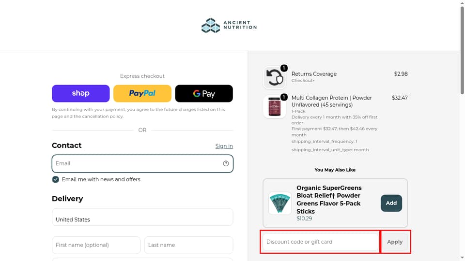 Ancient Nutrition checkout page showing the 