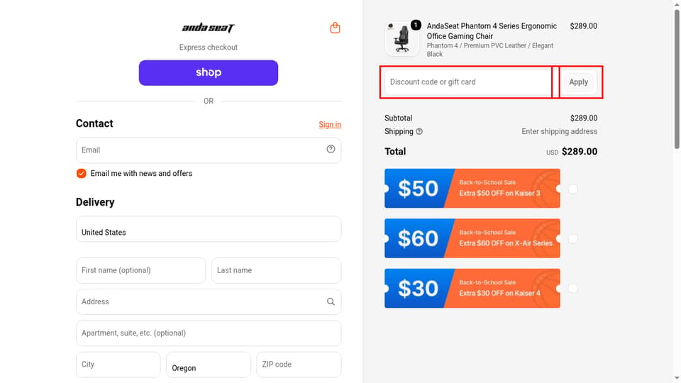 AndaSeat checkout page showing the Discount code or gift card field and Apply button