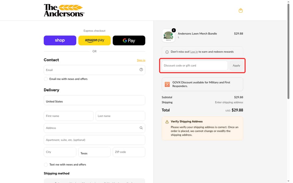 Andersons Lawn checkout page showing the Discount code or gift card field and Apply button