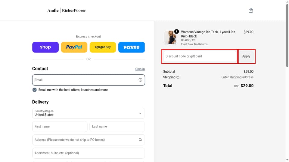 Andie checkout page showing the 