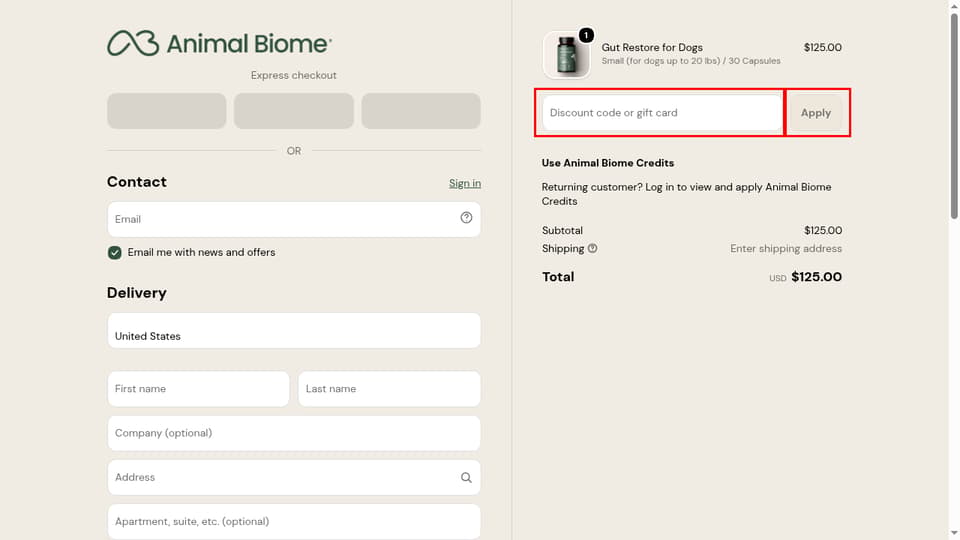AnimalBiome checkout page showing the Discount code or gift card field and Apply button