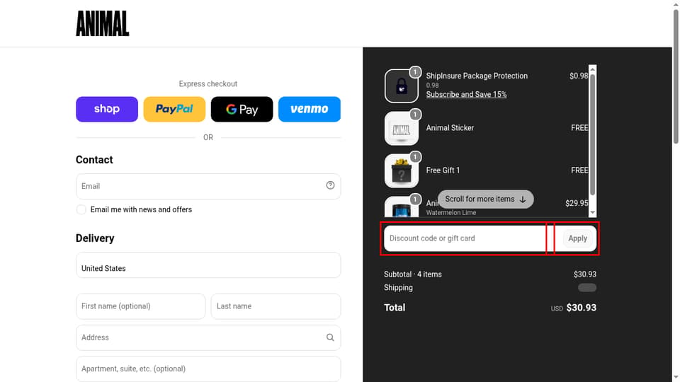 Animal checkout page showing the Discount code or gift card field and Apply button