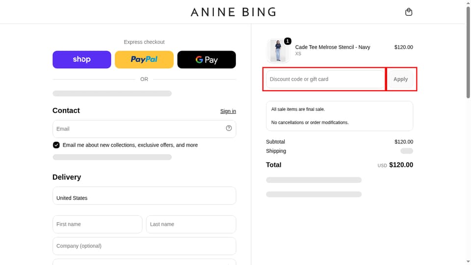 ANINE BING checkout page showing the Discount code or gift card field and Apply button