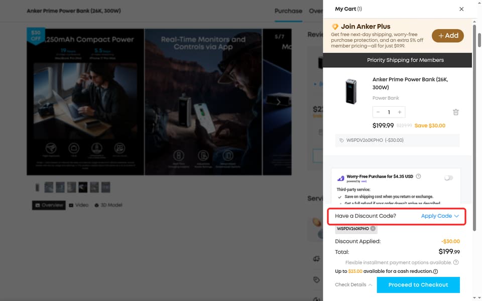 Anker checkout page showing the Enter Code field and Apply button