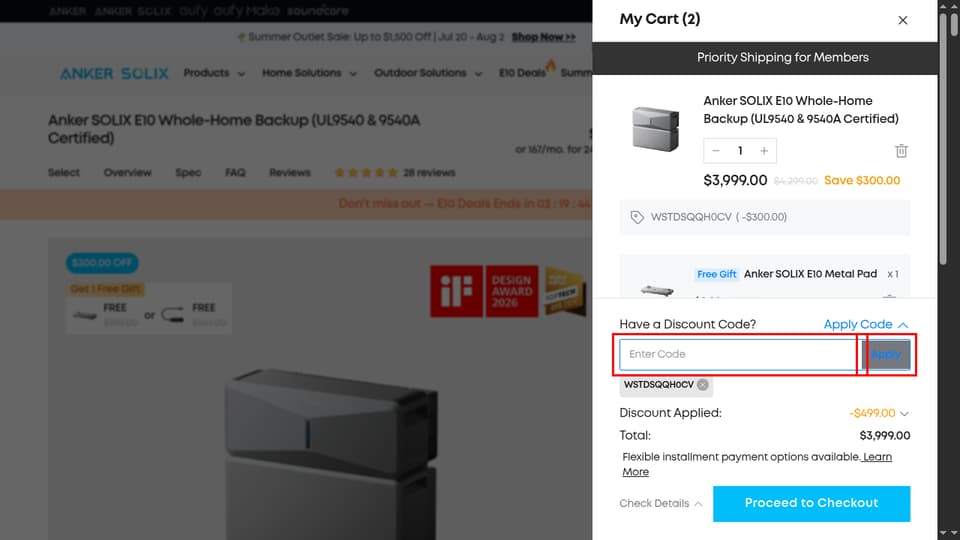 Anker SOLIX checkout page showing the Enter Code field and Apply button