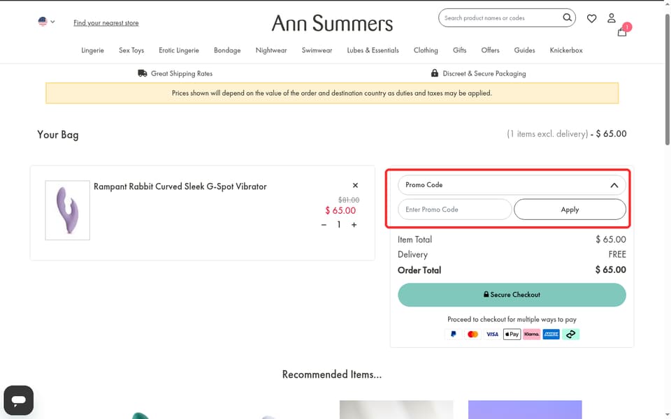 Ann Summers checkout page showing the Enter Promo Code field and Apply button
