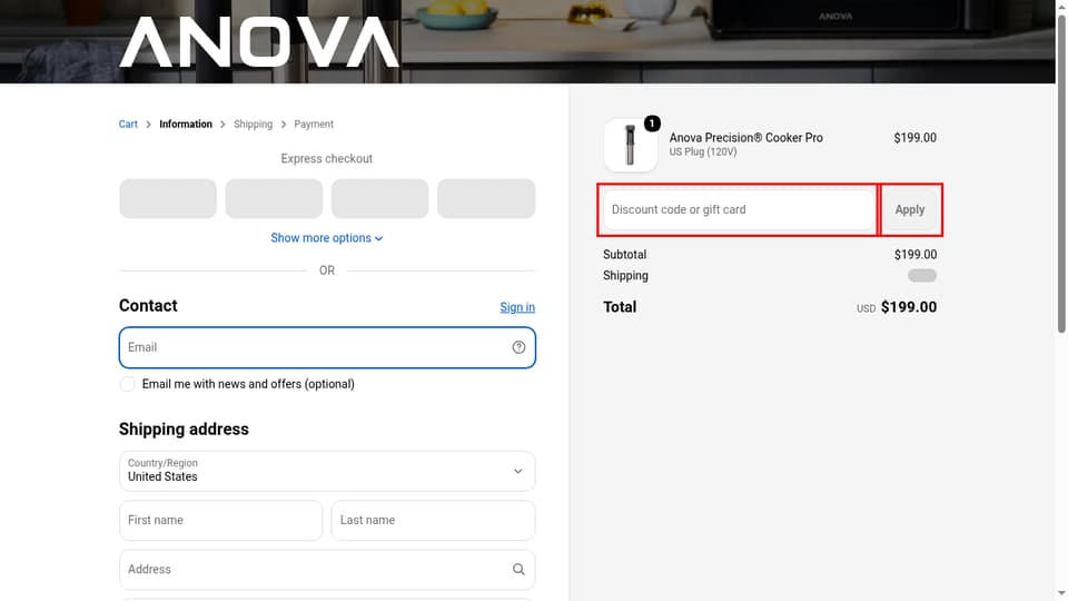 Anova Culinary checkout page showing the 