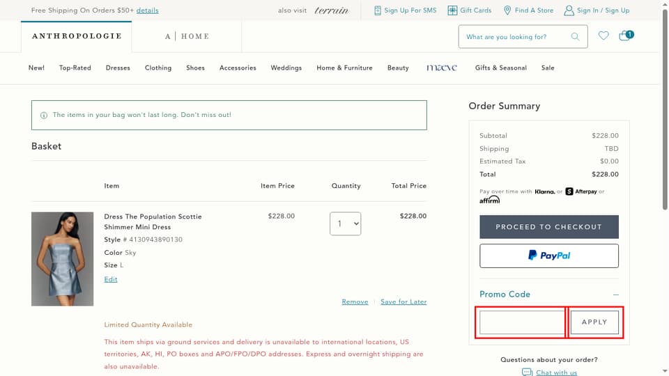 Anthropologie checkout page showing the Promo Code field and Apply button