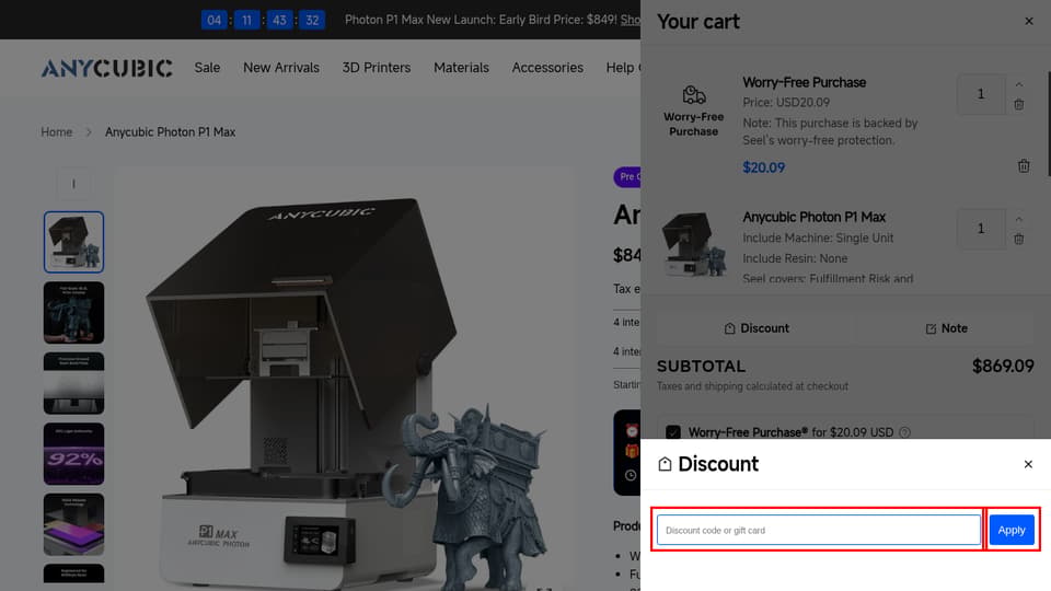 Anycubic checkout page showing the Discount code or gift card field and Apply button
