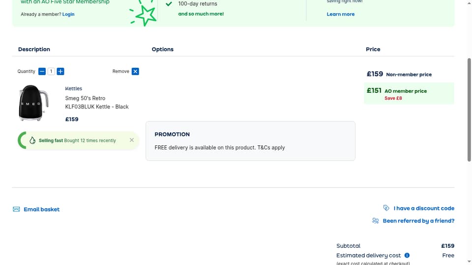 AO checkout page showing the Discount code field and Apply button