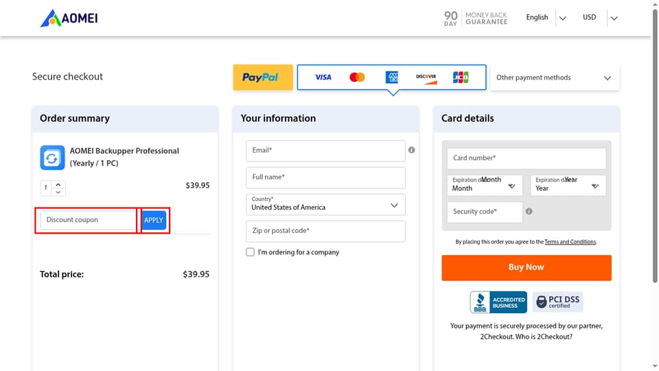 AOMEI Technology checkout page showing the Discount coupon field and Apply button