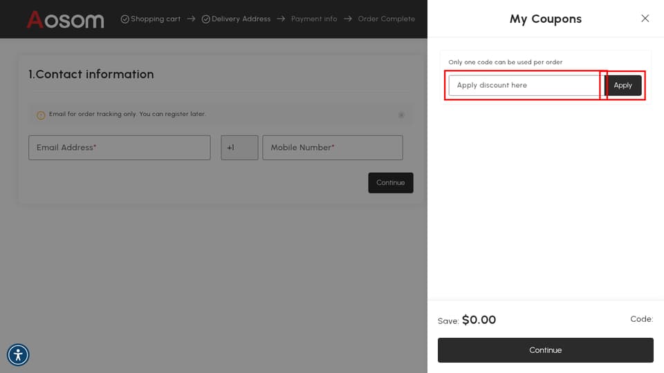 Aosom checkout page showing the Apply discount here field and Apply button