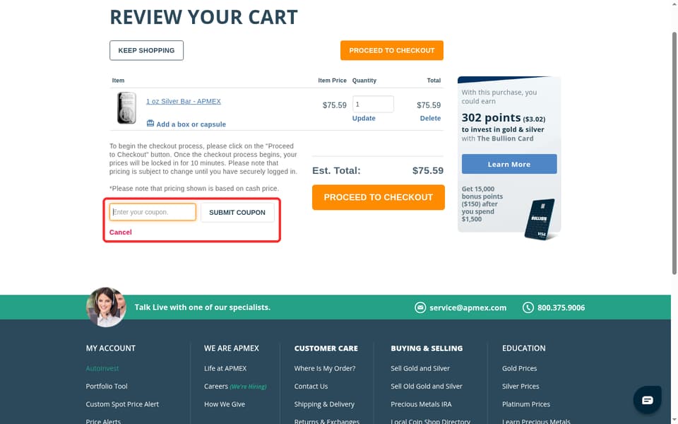 APMEX checkout page showing the Enter your coupon. field and Submit Coupon button
