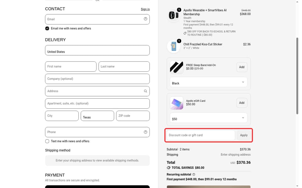 Apollo Neuro checkout page showing the Discount code or gift card field and Apply button