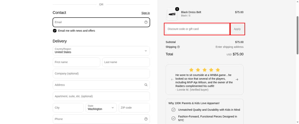 Appaman checkout page showing the 
