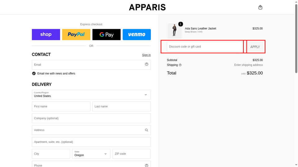 Apparis checkout page showing the Discount code or gift card field and Apply button
