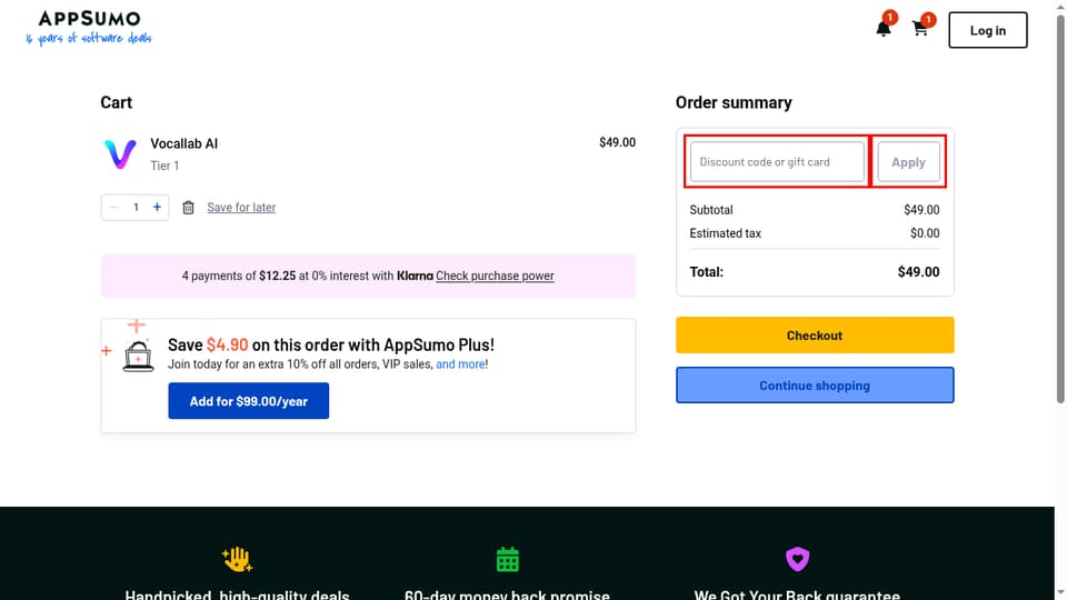AppSumo checkout page showing the Discount code or gift card field and Apply button