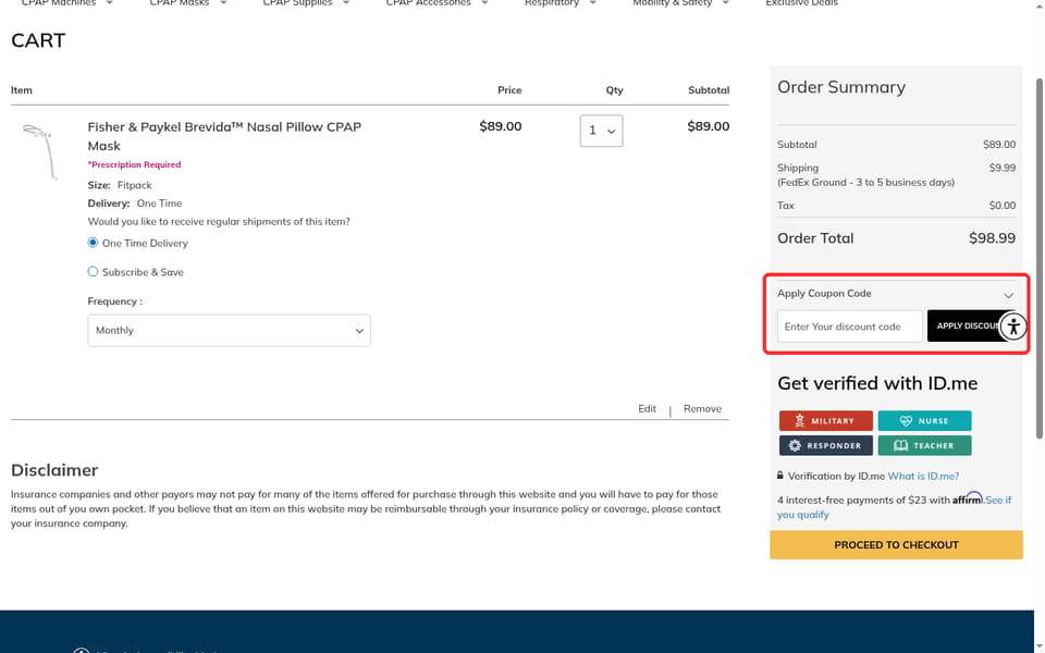 ApriaDirect checkout page showing the Enter Your discount code field and Apply Discount button