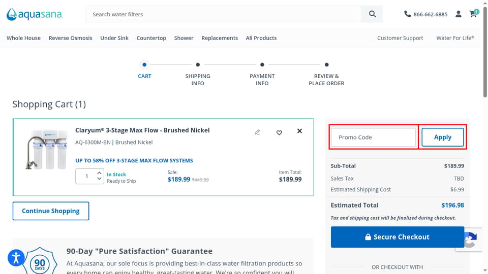 Aquasana checkout page showing the Promo Code field and Apply button