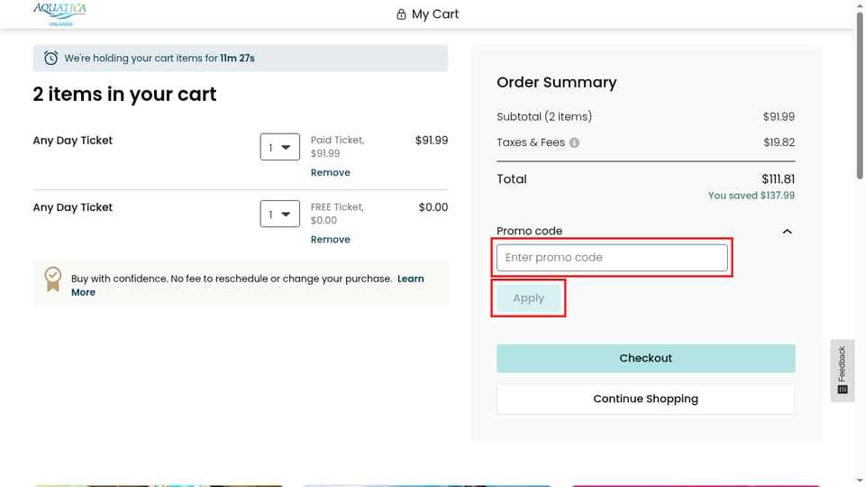 Aquatica checkout page showing the Enter promo code field and Apply button