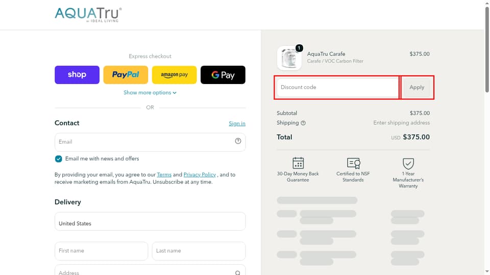 AquaTru checkout page showing the Discount code field and Apply button