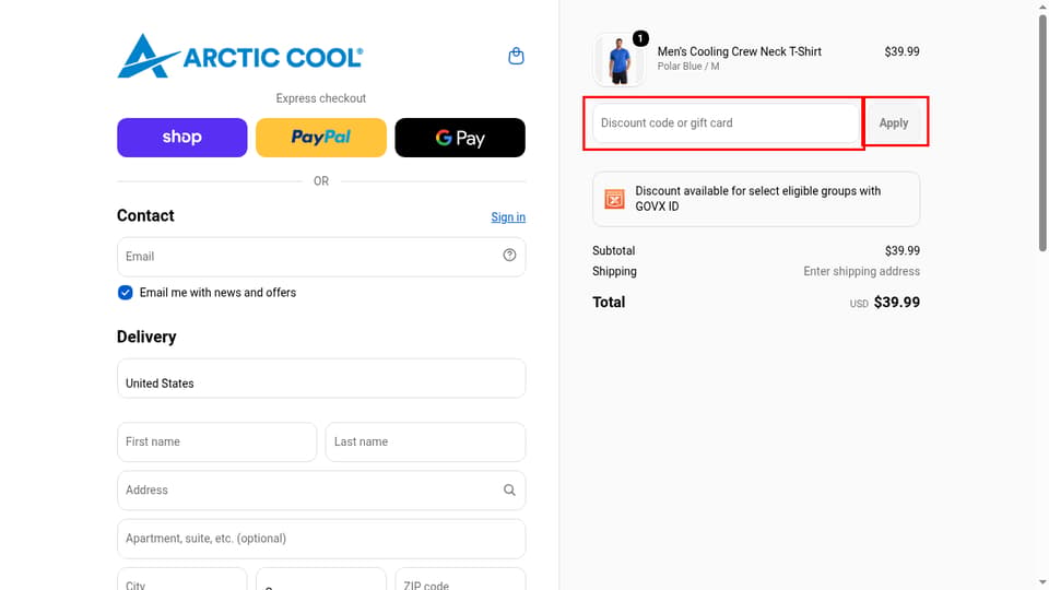 Arctic Cool checkout page showing the Discount code or gift card field and Apply button
