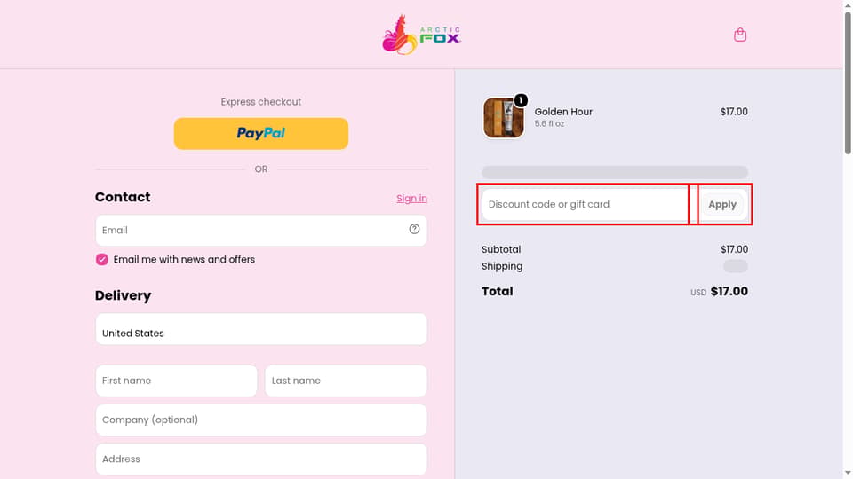 Arctic Fox Hair Color checkout page showing the Discount code or gift card field and Apply button