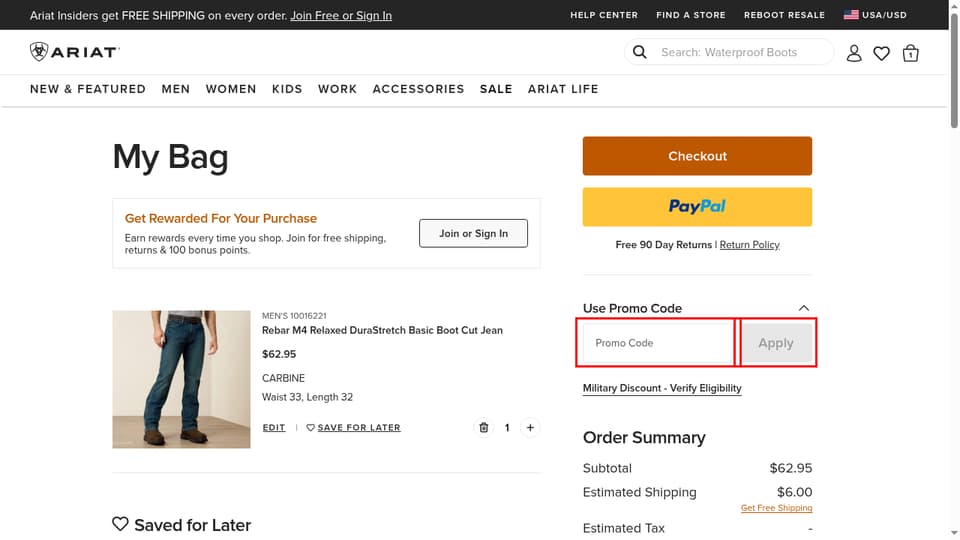 Ariat checkout page showing the Promo Code field and Apply button