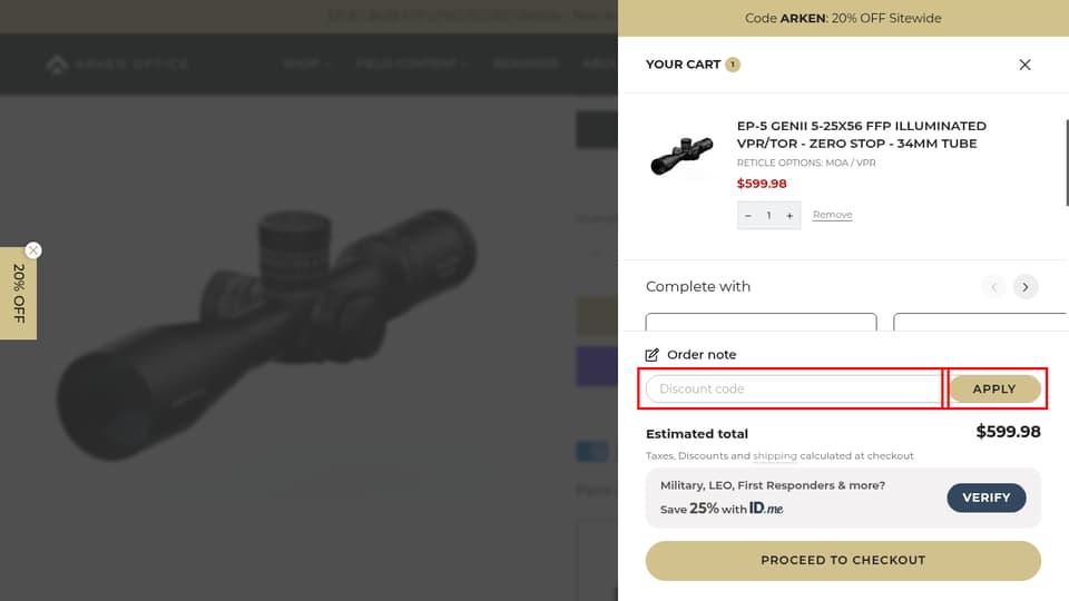 Arken Optics USA checkout page showing the Discount code field and APPLY button