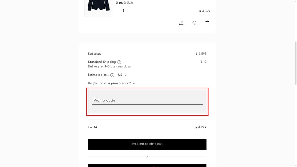 Armani checkout page showing the Promo code field and Apply button