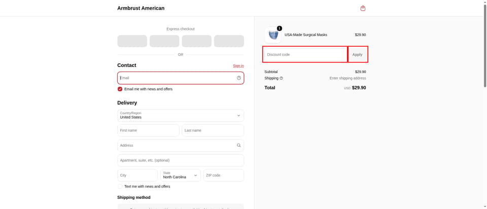 Armbrust checkout page showing the Discount code field and Apply button