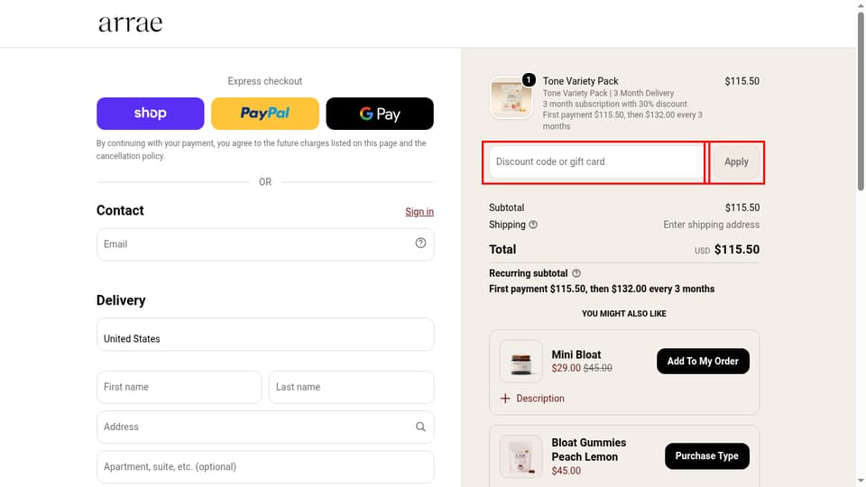 Arrae checkout page showing the Discount code or gift card field and Apply button