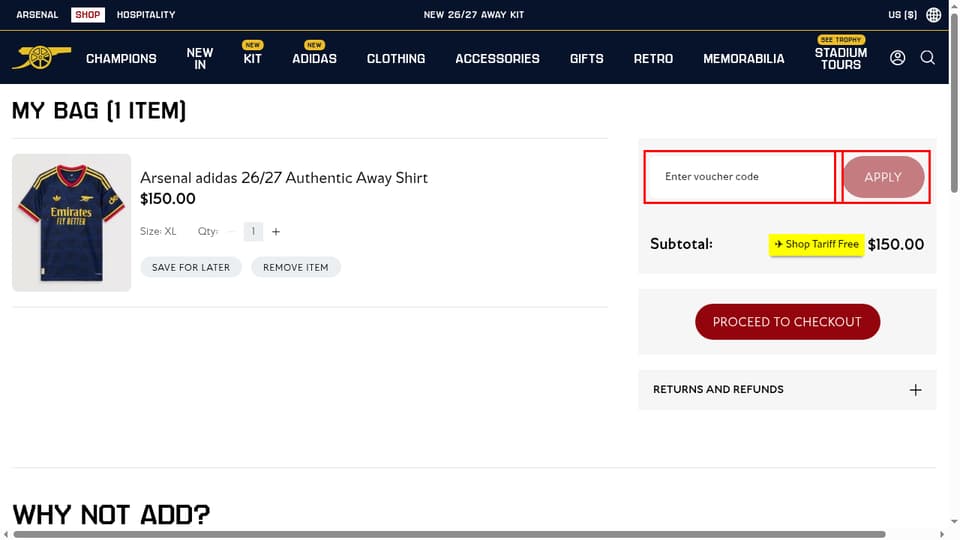 Arsenal Direct checkout page showing the Enter voucher code field and APPLY button