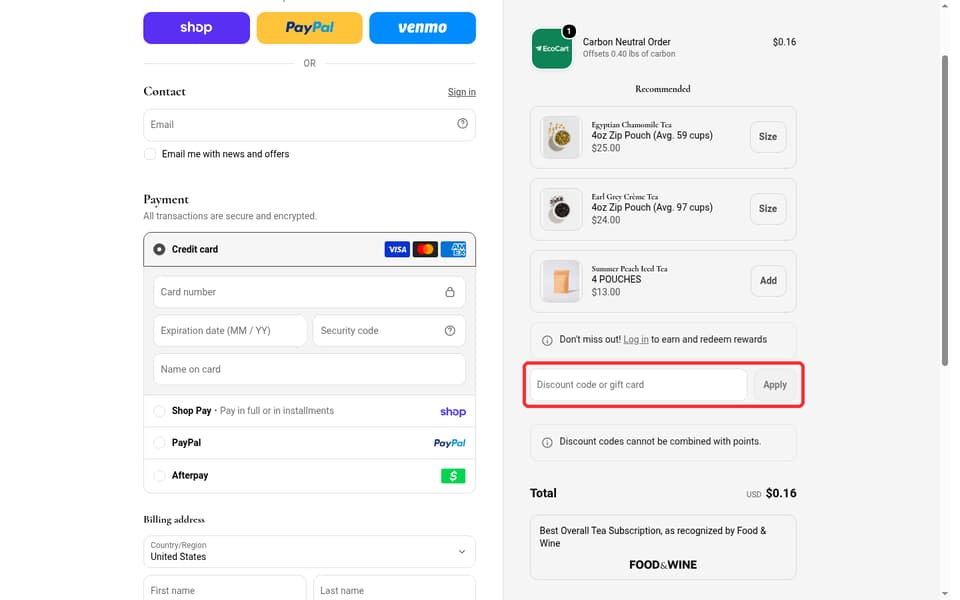 Art of Tea checkout page showing the Discount code or gift card field and Apply button