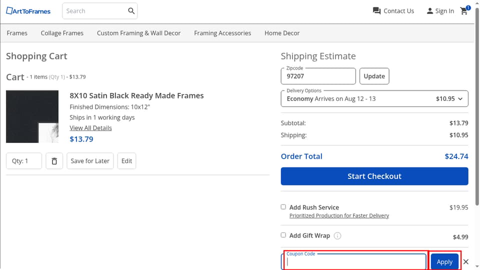 ArtToFrame checkout page showing the Coupon Code field and Apply button