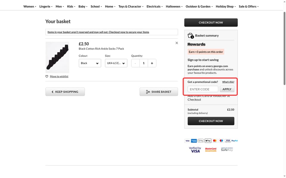 Asda checkout page showing the Enter code field and Apply button