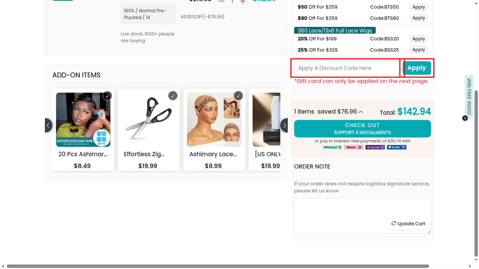 Ashimary Hair checkout page showing the Apply A Discount Code Here field and apply button