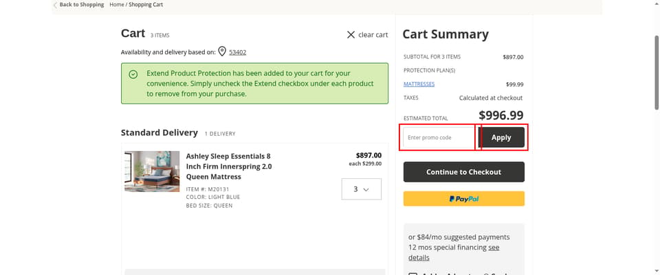 Ashley Furniture checkout page showing the 