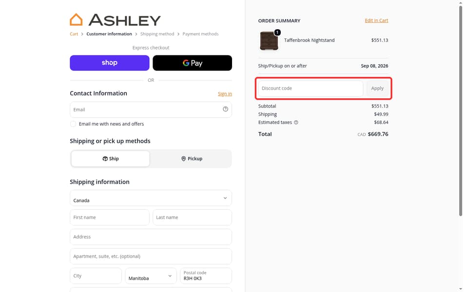 Ashley HomeStore CA checkout page showing the Discount code field and Apply button