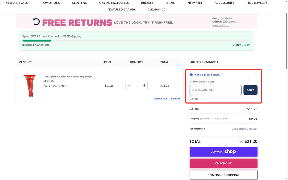 Ashley Stewart checkout page showing the e.g. SUMMER25 field and Apply button